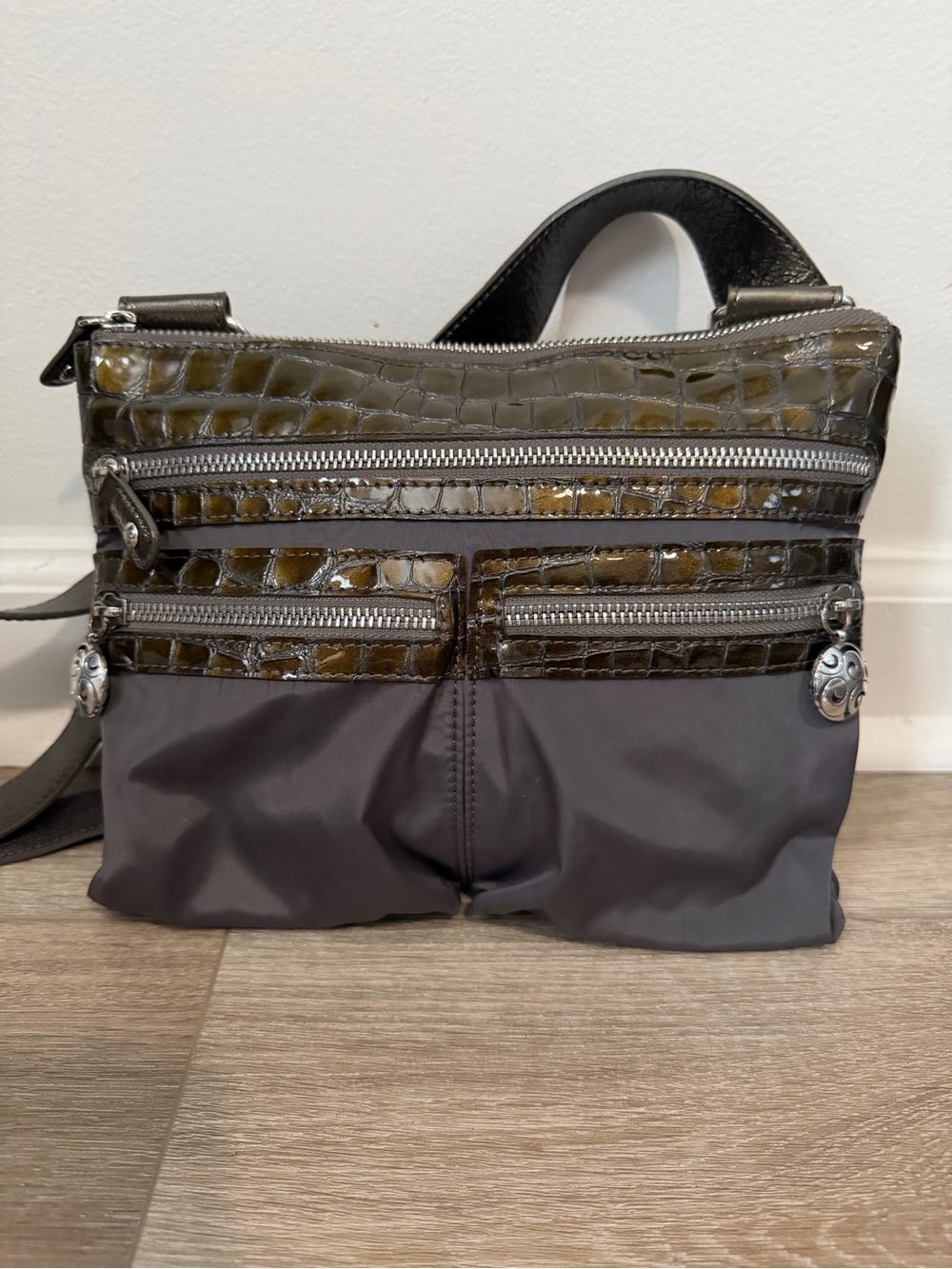 Brighton pewter grey crossbody shoulder handbag croc accent
